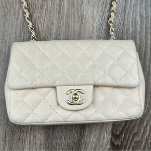 Chanel Rectangular Classic Mini Flap Bag Beige Lambskin Leather Gold Hardware